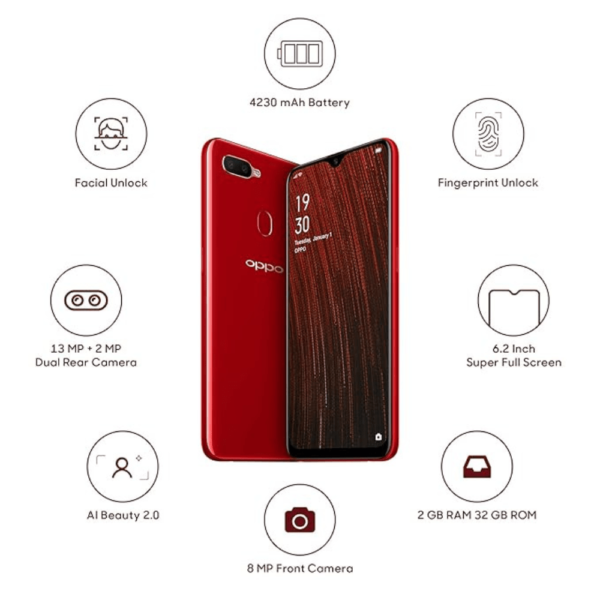 Oppo A5s – 128GB Storage, 4GB RAM, 4G LTE, Single SIM – Red