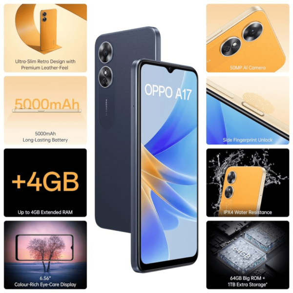 Oppo A17 – 128GB Storage, 6GB RAM, Dual SIM – Midnight Black