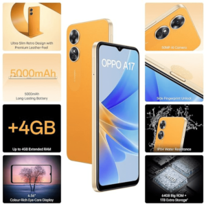 Oppo A17 – 128GB Storage, 6GB RAM, Dual SIM – Sunlight Orange