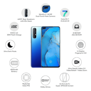 Oppo Reno 3 – 256GB Storage, 12GB RAM, 5G Dual SIM – Blue