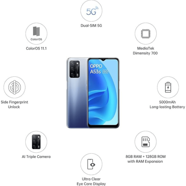OPPO A53s – 256GB Storage, 8GB RAM, Single SIM – Crystal Blue